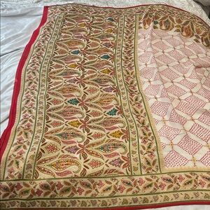 Saree red  cream in bandhani pattern. Zari multi color thread work. New